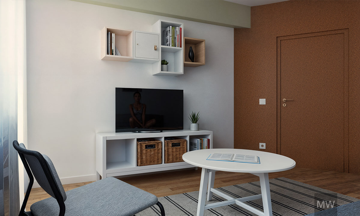 Contemporary Living Room with Natural Light A modern living room with natural light streaming through a window, featuring a TV stand, shelves, and cozy decor elements.