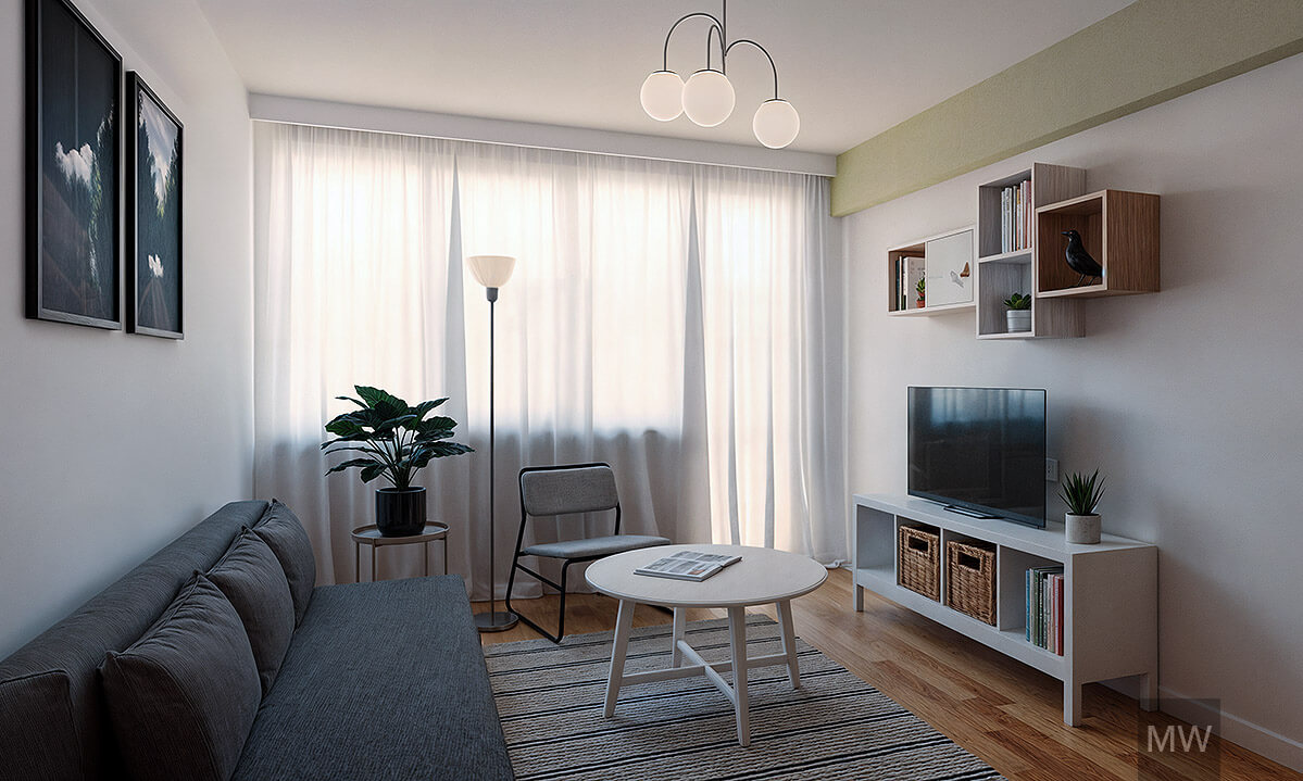Minimalist Living Room with Natural Light A minimalist living room with a gray sofa, abstract artworks, a white TV stand, and decorative items, illuminated by natural light.