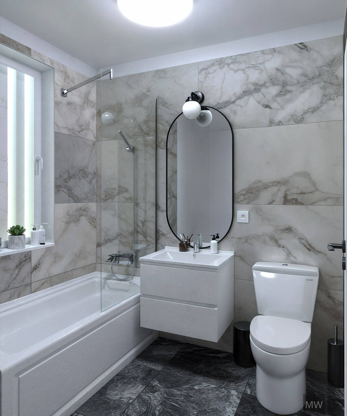Contemporary Bathroom with Marble and Glass Features A sleek modern bathroom with white and gray tones, featuring a bathtub, a shower area with a glass partition, and elegant marble finishes.