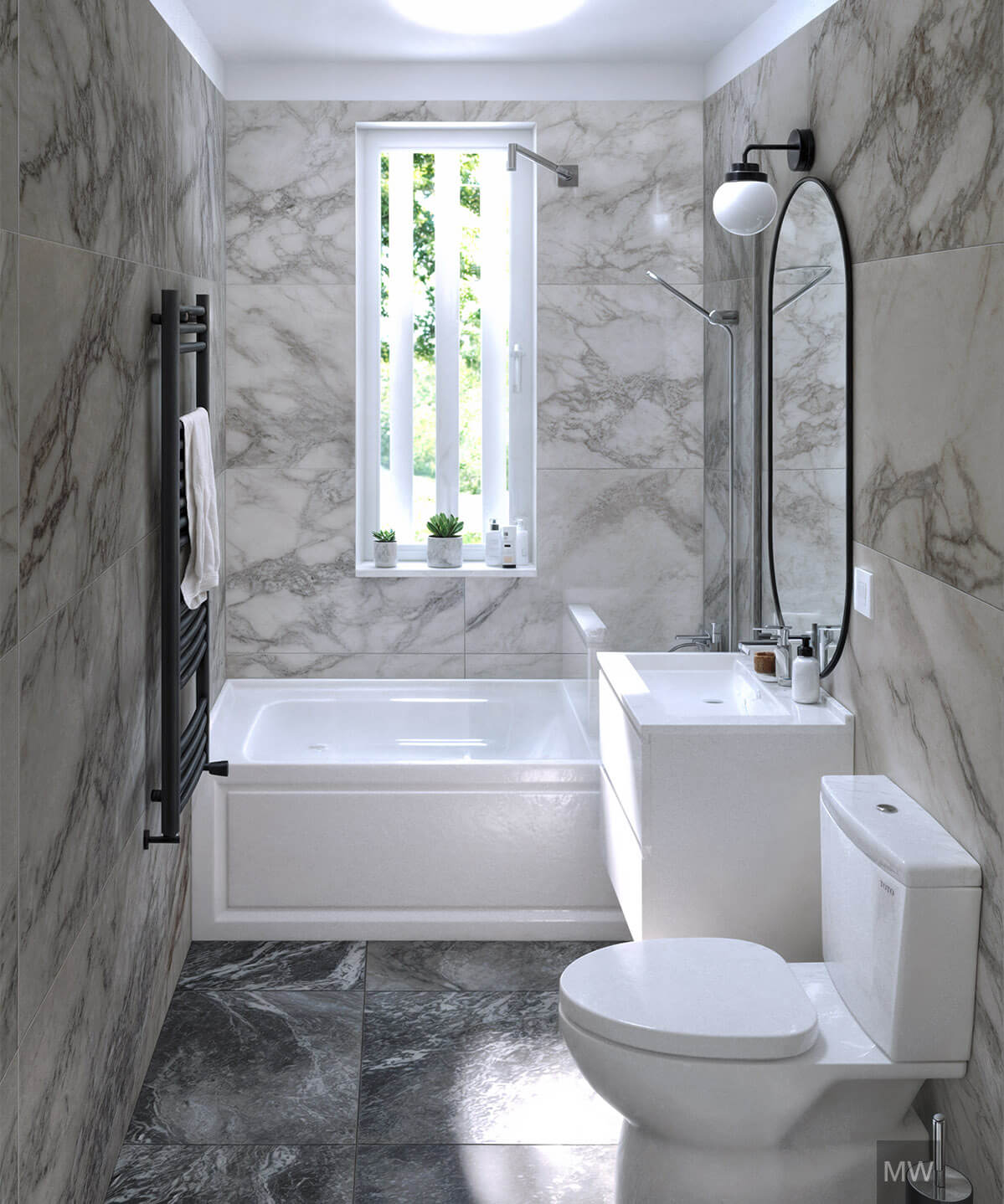 Sleek Modern Bathroom with Gray Marble Finish A modern bathroom featuring white and gray tones, with a gray marble finish, a white bathtub near a window, and elegant fixtures.