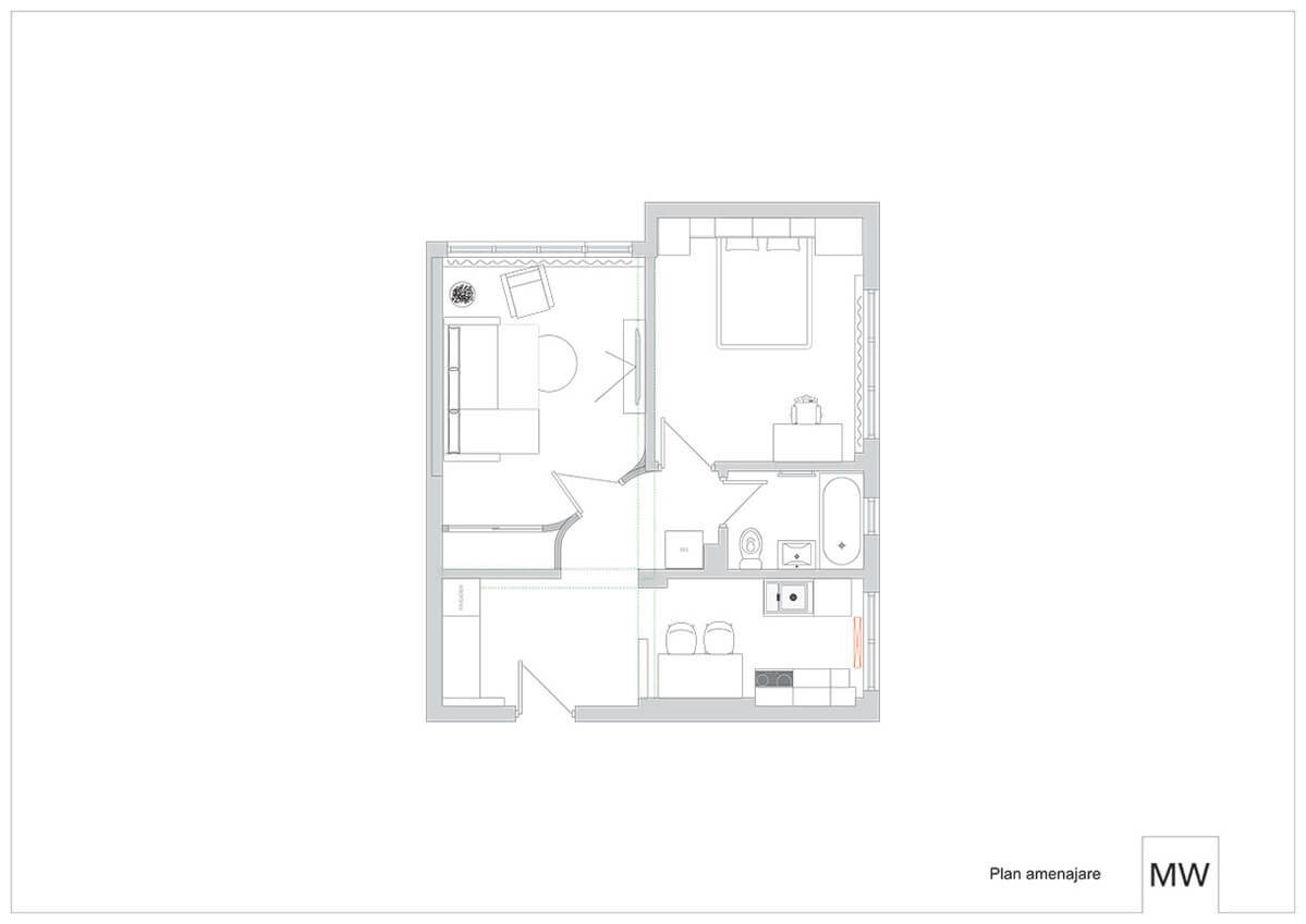 Studio Apartment Floor Plan A floor plan layout of a studio apartment, with designated areas for the bedroom, bathroom, kitchen, and living room.