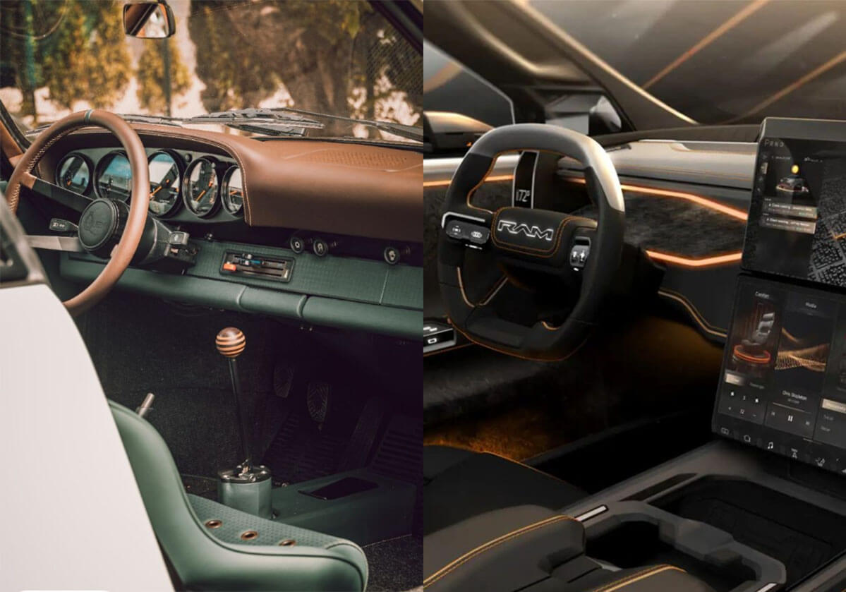 Contrast între interiorul mașinilor vintage și moderne. Două interioare de mașini contrastante: stânga - un model vintage cu bord din piele maro și detalii clasice; dreapta - un model modern cu ecrane digitale și design futurist.