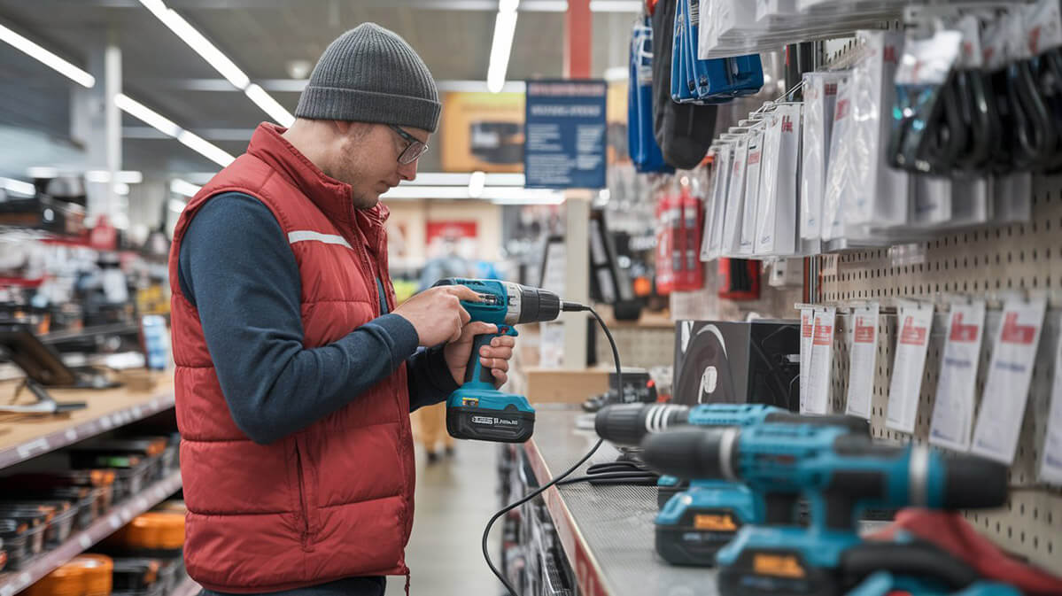 Man Examining a Drill in a Hardware Store A man in a red vest and gray beanie, wearing glasses, examines a blue handheld tool, likely a drill, in a hardware store.