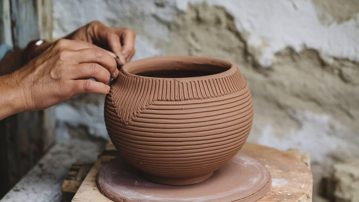 Hands Sculpting a Ribbed Clay Pot Hands sculpting a ribbed clay pot on a wooden surface with a rustic limewash wall in the background.