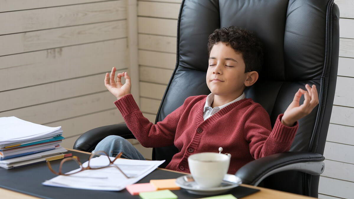 Young Boy in Meditation at Office Desk A young boy in a red cardigan sits in a black office chair, eyes closed, hands in a meditative pose.