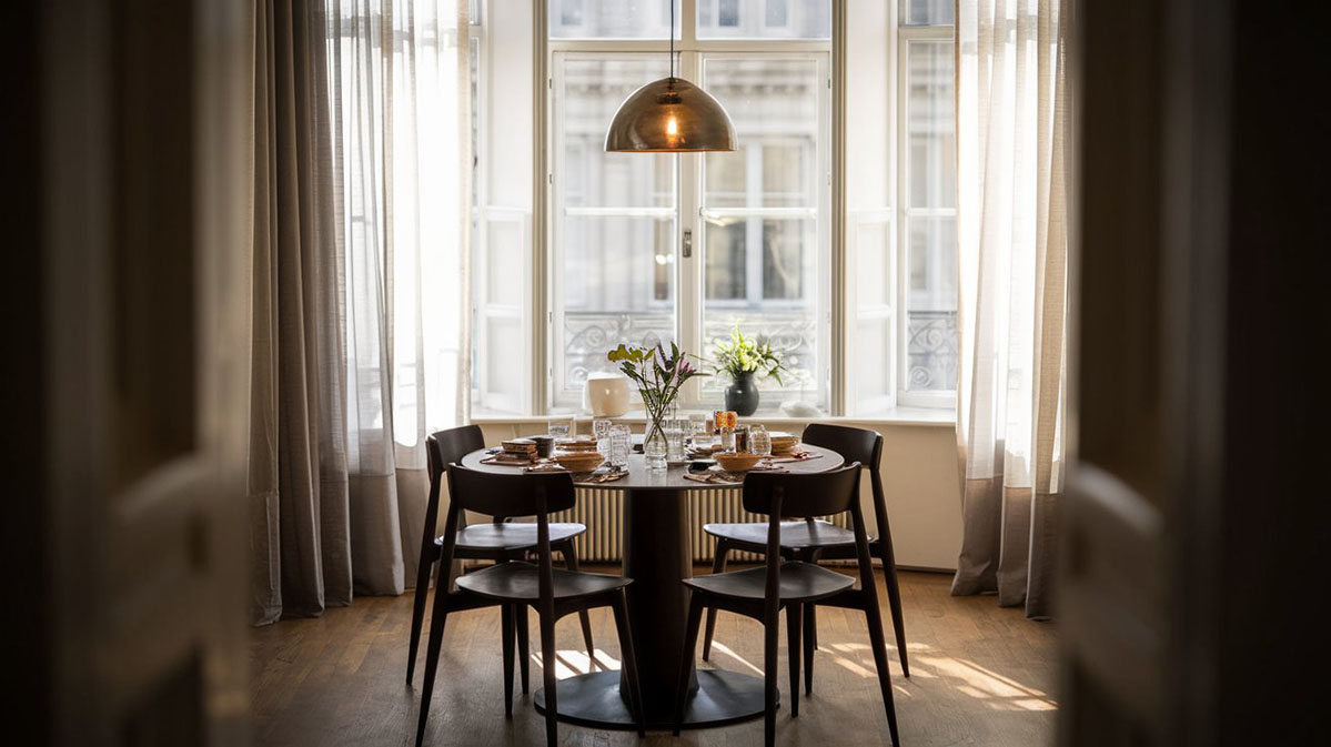 Dining elegant cu iluminare naturală. O zonă de dining elegantă, cu o masă rotundă centrală și scaune din lemn închise. Masa este decorată cu vase, pahare și un vazon cu flori. Deasupra mesei se află un luminar modern cu abajur metalic. Lumină naturală pătrunde printr-o fereastră mare, cu draperii ușoare, oferind o atmosferă caldă și primitoare.