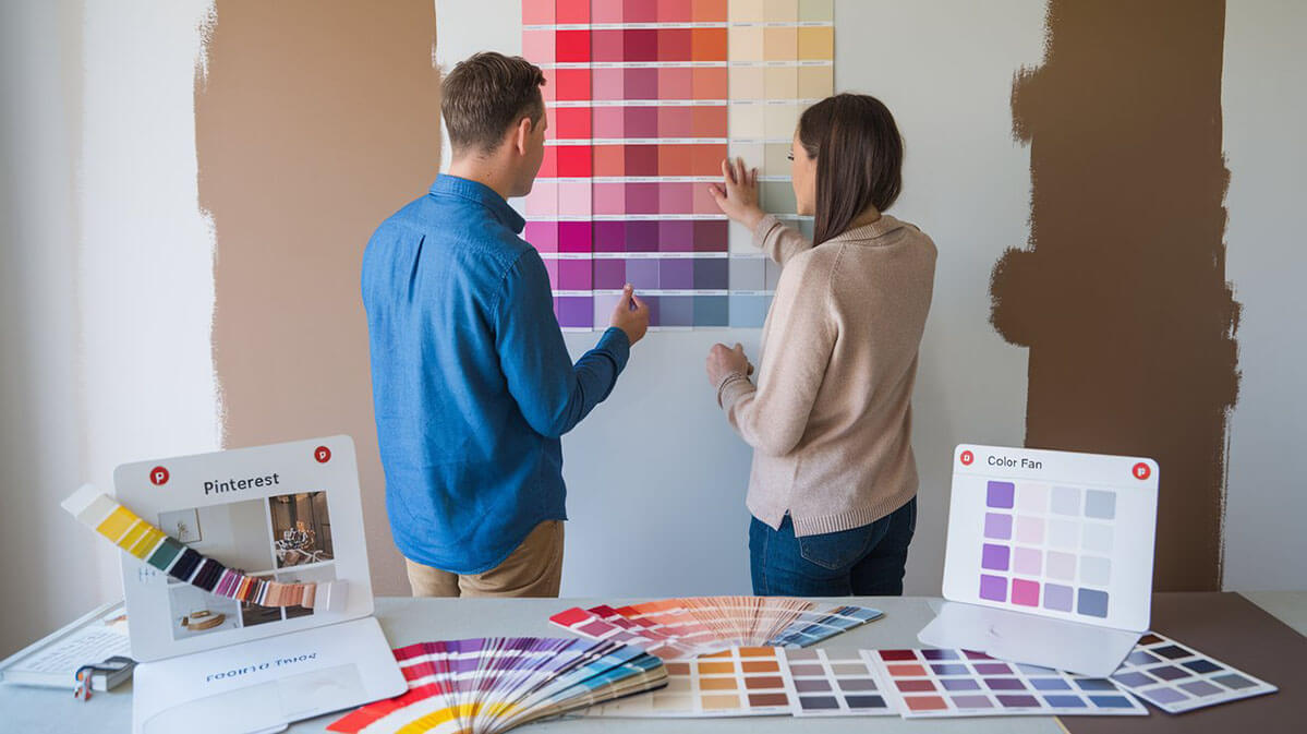Consultanță de design interior pentru selecția culorilor. Designer și client compară mostre de culori pe un perete parțial vopsit.
