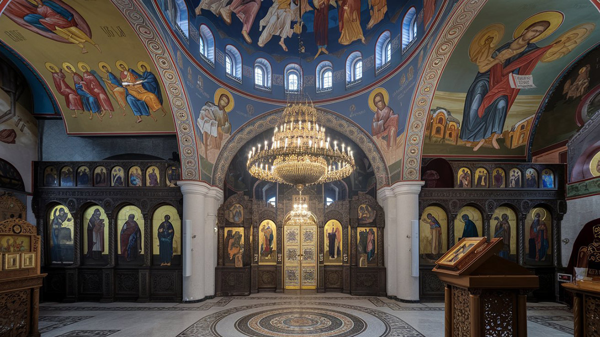 Byzantine Cathedral Interior with Frescoes Grand cathedral interior with intricate frescoes, a large chandelier, and a mosaic-patterned floor, blending Byzantine and Eastern Orthodox styles.