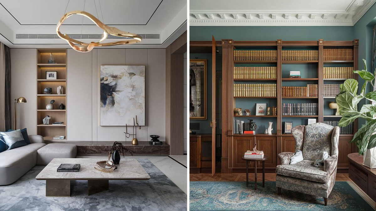 Contrast între designul modern și clasic. Două spații de locuit contrastante: stânga - un interior modern cu canapea gri, masă de marmură și un candelabru auriu unic; dreapta - un interior clasic cu perete albastru-verde, bibliotecă din lemn și fotoliu cu model floral.