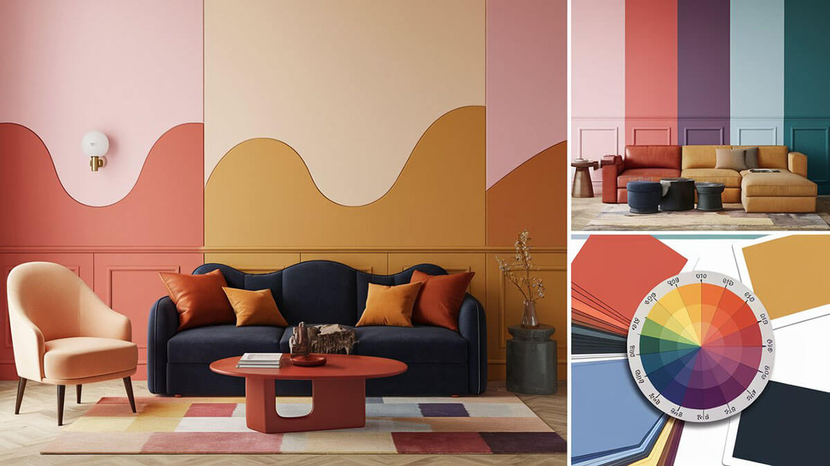 Design interior modern cu un joc de culori vibrant. Un interior vibrant cu o paletă de culori atent selectată, combinând pasteluri și accente îndrăznețe.