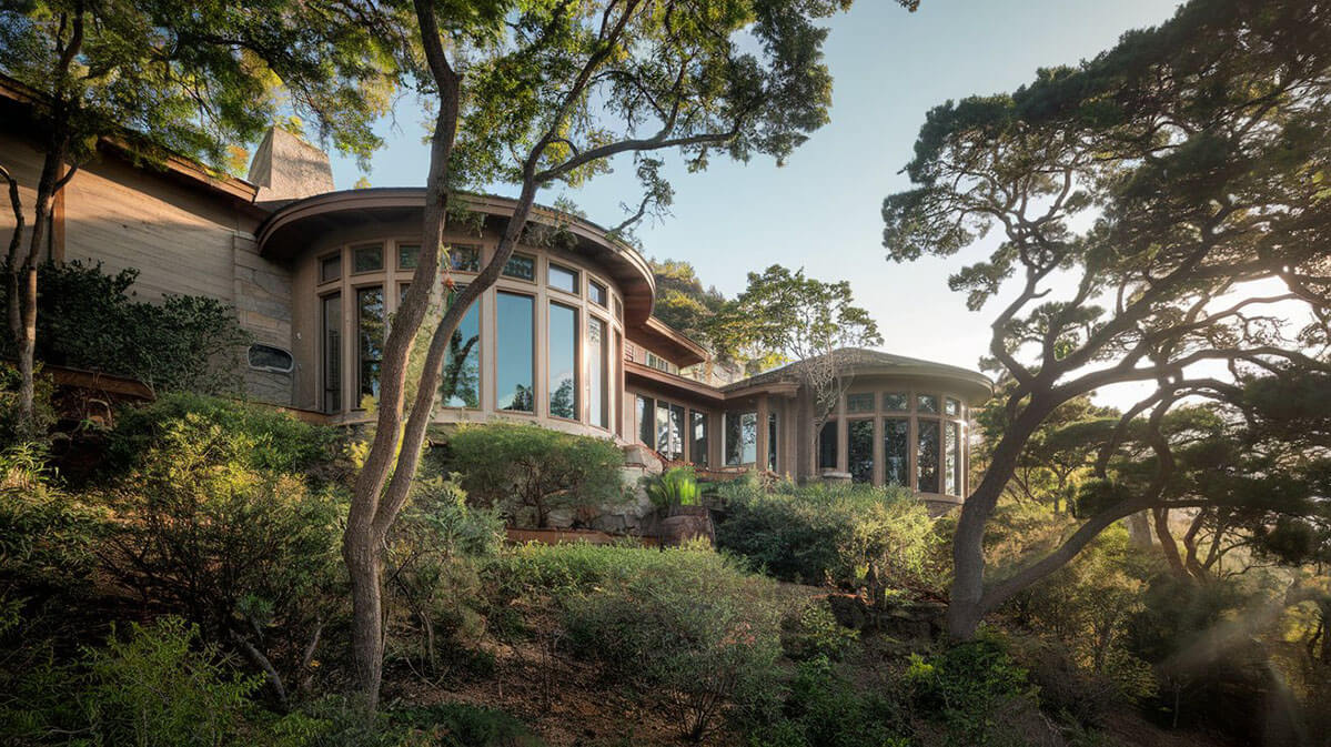 Bag End-Inspired Hillside Home Amid Nature A hillside home with round windows, surrounded by greenery and tall trees, blending seamlessly with nature.