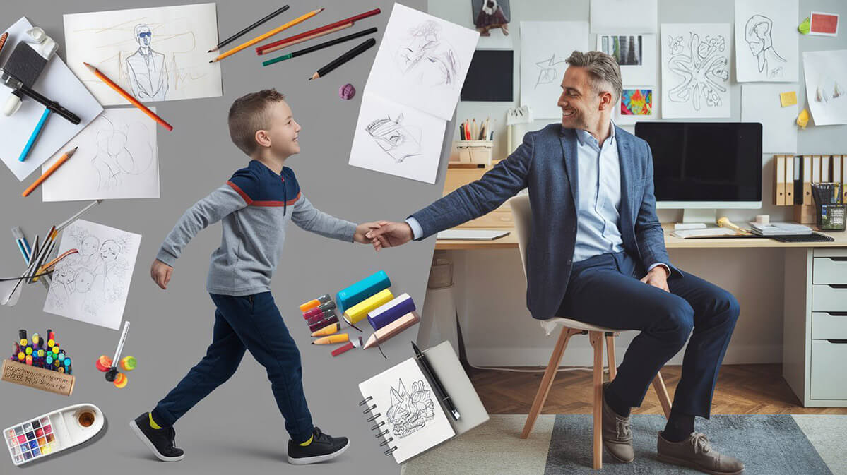 A Journey Through Time: Man and His Younger Self A man in his 40s holding hands with his younger self, symbolizing personal growth and dreams.