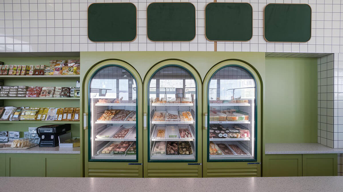 Chic Store Interior with Green Refrigerated Display A stylish interior with a green refrigerated display unit featuring arched glass doors, surrounded by shelves and a counter.