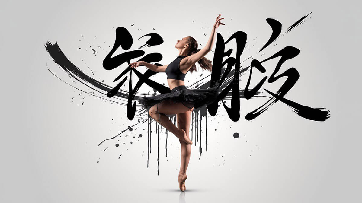 Graceful Dancer Amidst Abstract Motion A dancer in black poised mid-movement, surrounded by abstract black brush strokes against a white background.