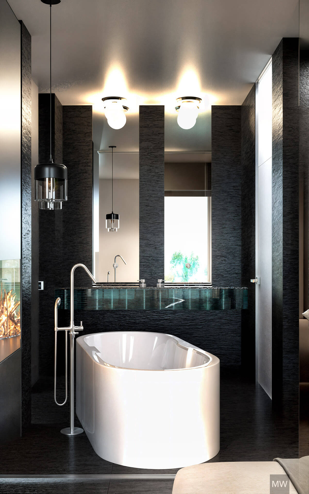 Elegant Modern Bathroom: Freestanding Bathtub and Fireplace in Dark Tones Luxurious modern bathroom with freestanding bathtub, fireplace, and dark tones, showcasing luxury hotel room design.