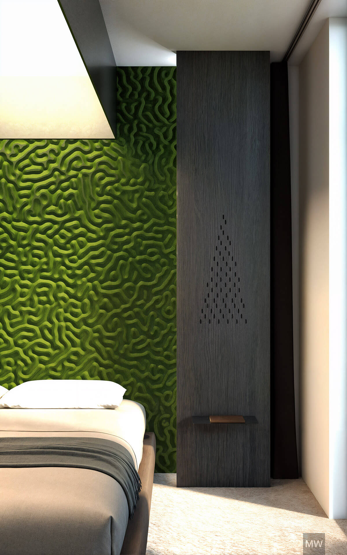 Contemporary Bedroom: Textured Green Wall and Modern Lighting Modern bedroom with textured green wall, dark wooden panel, and angular light fixture, showcasing luxury hotel room design.