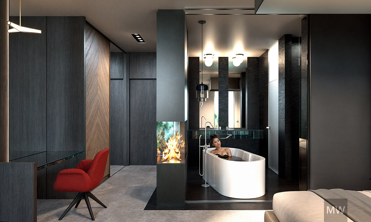 Sophisticated Modern Space: Bedroom and Bathroom with Freestanding Bathtub and Fireplace Luxurious modern bedroom and bathroom with freestanding bathtub, fireplace, and vibrant red chair, reflecting luxury hotel room design.