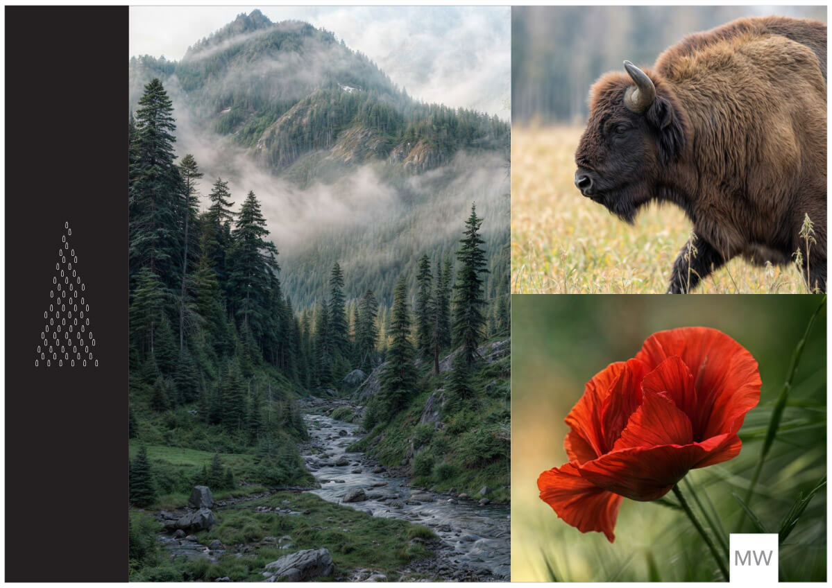 Nature and Geometry: Inspirational Collage for Modern Hotel Room Design Collage of a mountain stream, bison, red poppy, and geometric pattern, inspiring luxury hotel room design.