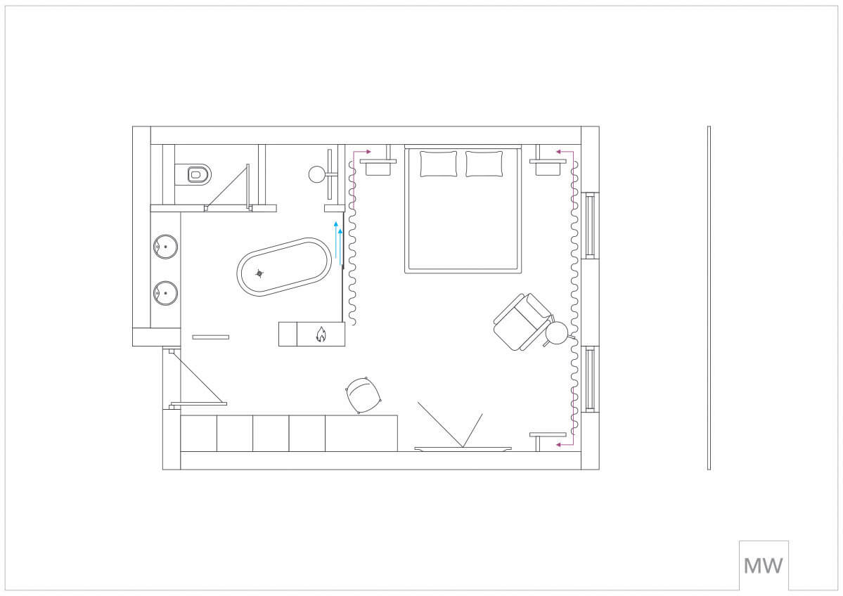 Functional Luxury: Floor Plan of a Modern Hotel Room with Central Bed and Bathroom Floor plan of a luxury hotel room with central bed, bathroom area, and clear zoning for sleeping and relaxation.