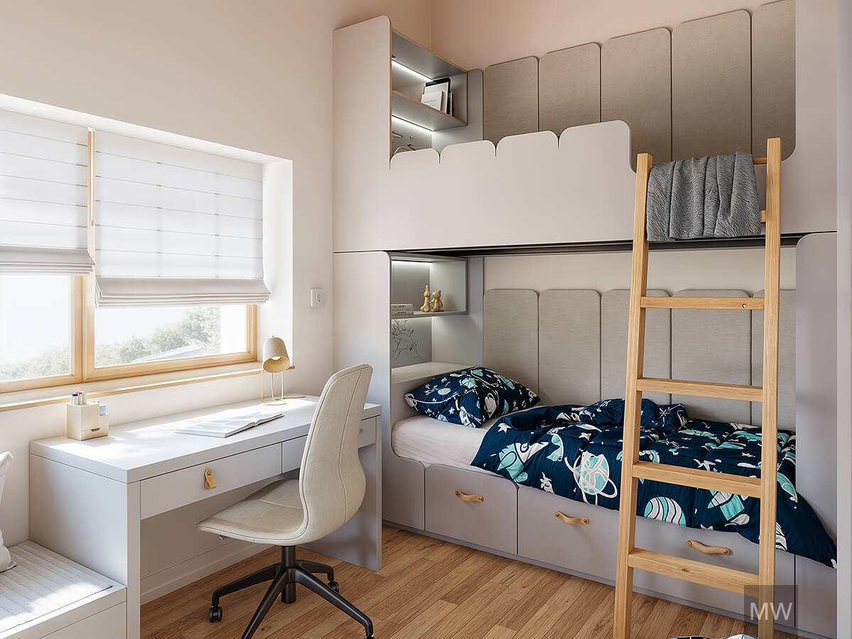 Design Cameră Copii Modernă cu Pat Supraetajat și Birou Cameră modernă cu pat supraetajat, birou și canapea cu model în dungi.