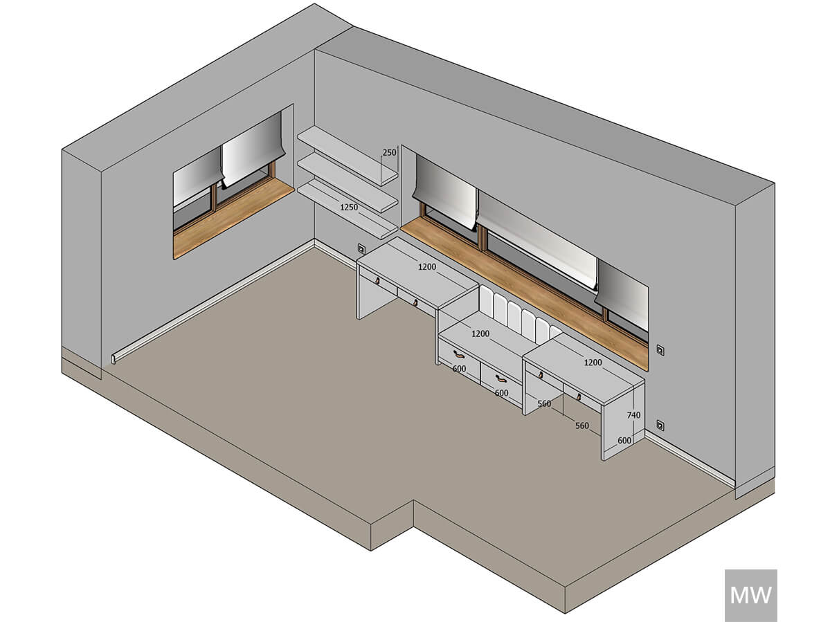 Design Cameră Modernă cu Ferestre și Mobilier Alb - Vedere Isometrică Vedere izometrică 3D a unei camere moderne cu pereți gri, pervaz din lemn și trei ferestre cu jaluzele albe.