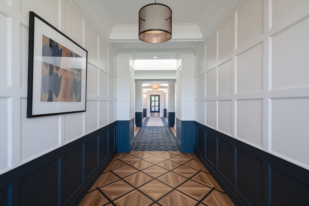Sleek and Sophisticated Hallway Design A modern hallway with white and dark blue paneled walls, a geometric wooden floor, and a patterned carpet leading to more doors and corridors.