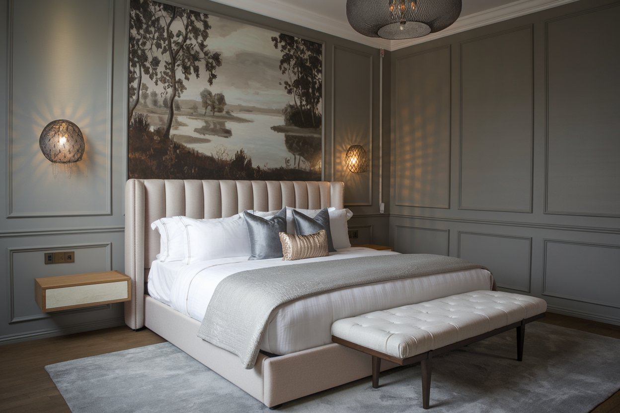 Dormitor modern cu panouri gri și pat confortabil cu tăblie capitonată Dormitor elegant cu pat mare, tăblie capitonată și decor minimalist în nuanțe de gri și alb.