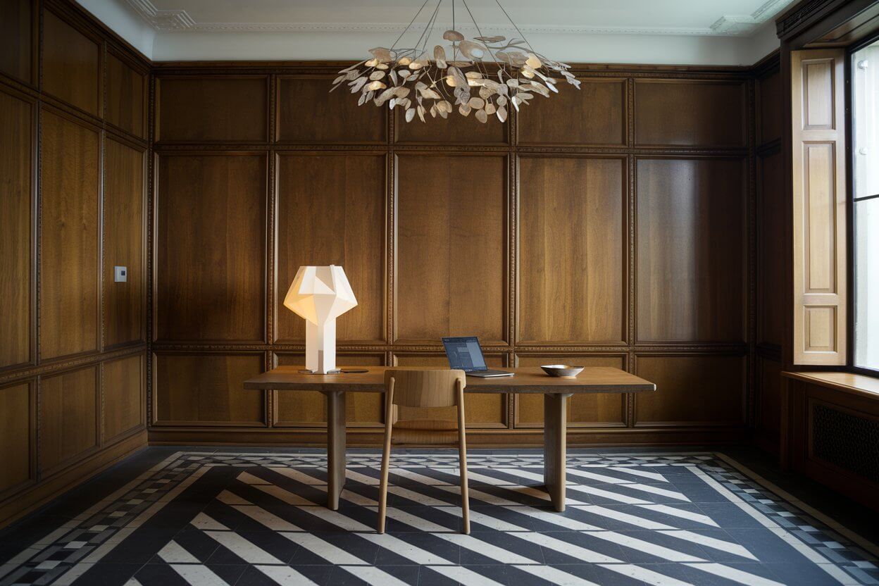 Elegance in Wood and Light A beautifully designed room with rich wooden paneling, a leaf-like chandelier, and a black-and-white geometric floor pattern.