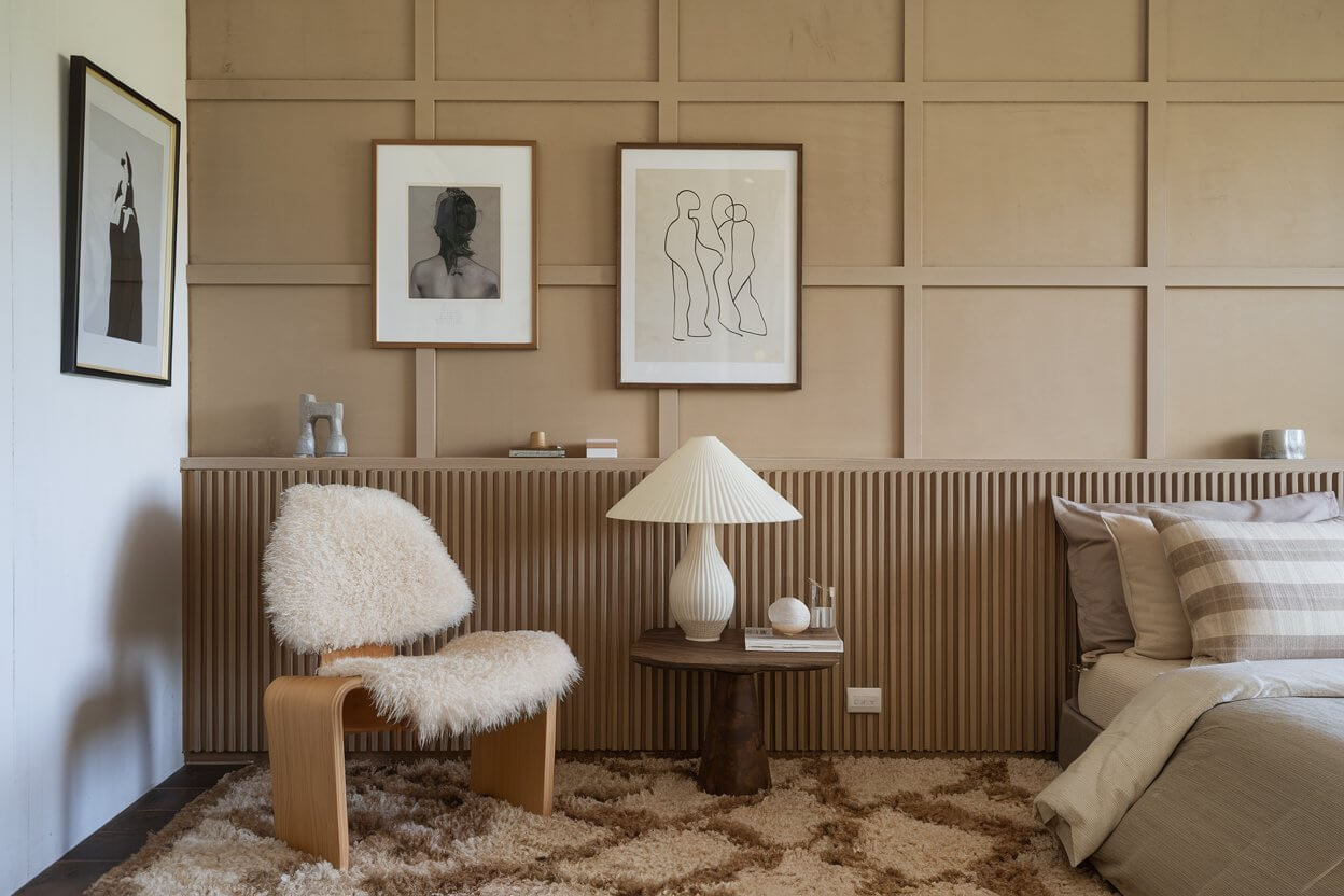 Elegant Interior with Beige Panelling and Artistic Touches. Interior with beige paneled wall and framed artworks above wooden partition.