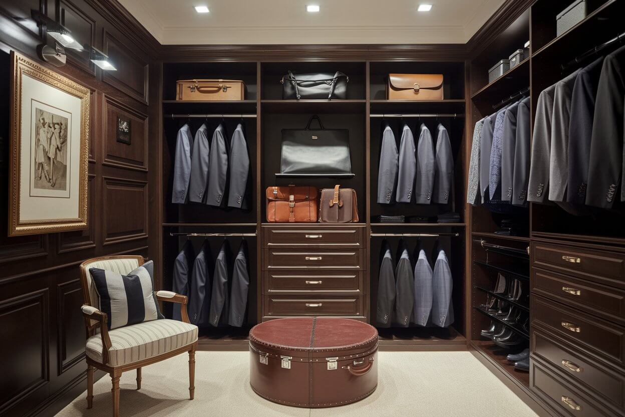 Dressing elegant cu panouri din lemn și organizare sofisticată Dressing luxos cu panouri din lemn închis la culoare și organizare meticuloasă.