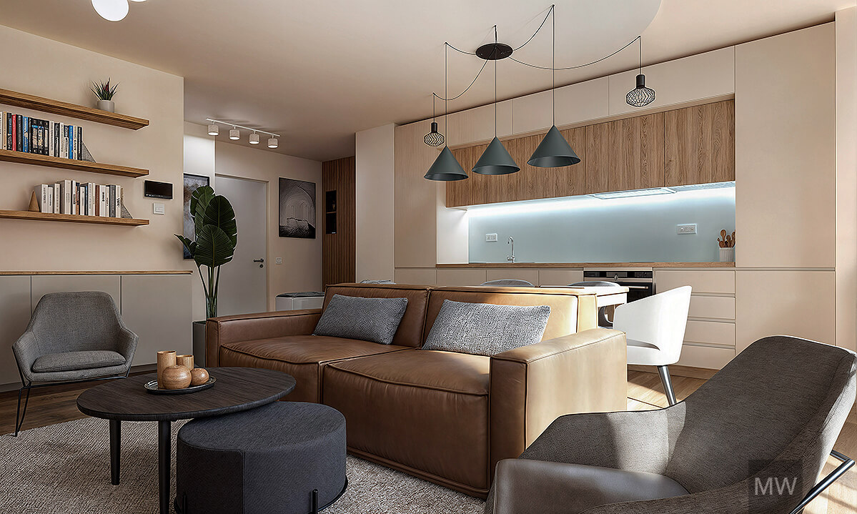 Living modern cu canapea din piele maro și zonă de bucătărie integrată.