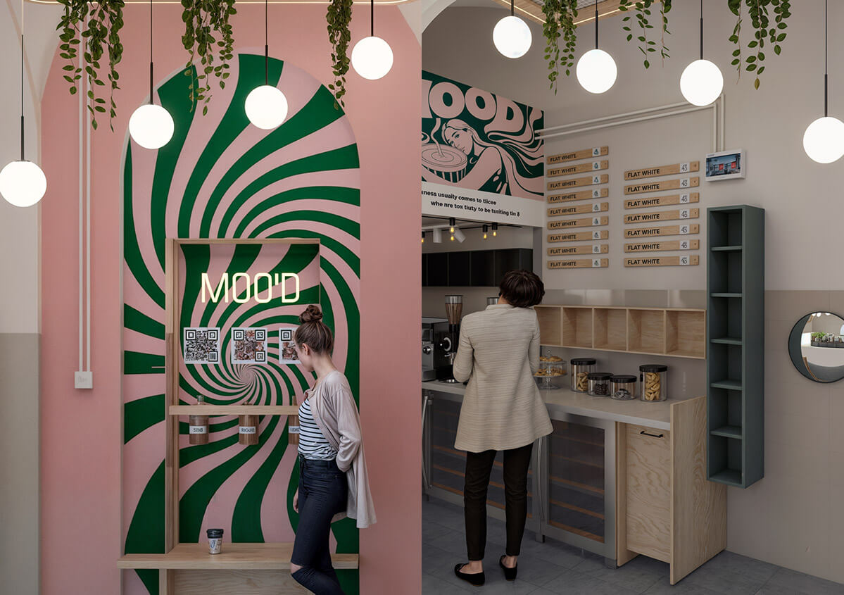 Cafenea vibrantă „MOOD” cu perete spirală și bar de sucuri Cafenea modernă în nuanțe de roz și verde, cu perete spirală „MOOD”, borcane cu QR coduri și clienti la tejghea.