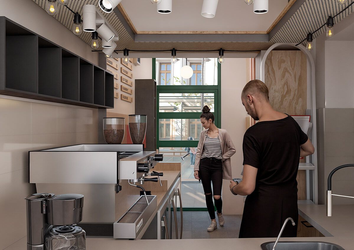 Coffee shop modern cu accente din lemn și atmosferă luminoasă Cafenea modernă cu barista la espressor și clientă lângă ușa verde.