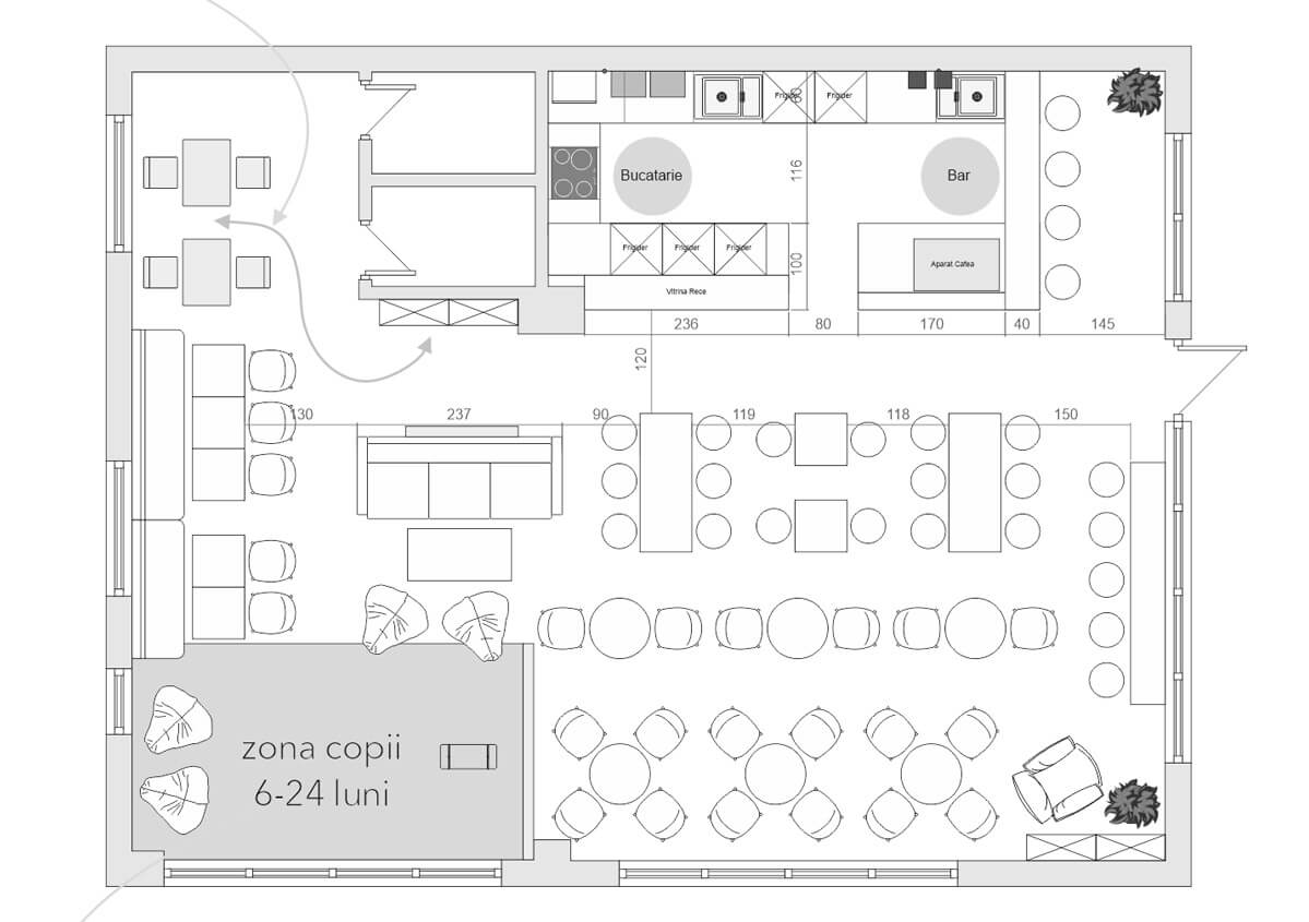 Plan arhitectural pentru restaurant cu zonă copii integrată – design cameră copii Plan de restaurant modern cu zone de mese, bar, bucătărie și „zona copii”.