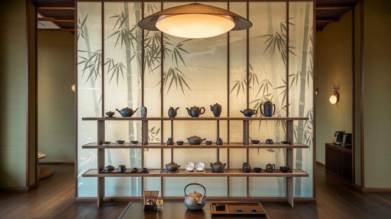 Spațiu rafinat de ceai cu raft bamboo și iluminare suspendată – inspirație design cameră copii Raft elegant cu ceainice și cești pe fundal translucid cu bambus, într‑un interior cald din lemn.