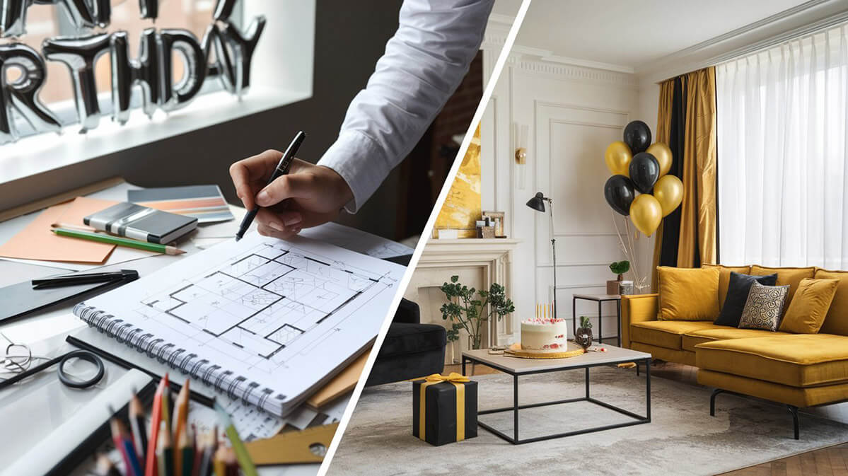 Diferența dintre designer de interior și decorator de interior Comparație vizuală între un designer de interior care schițează un plan și un decorator care amenajează o cameră pentru o petrecere.