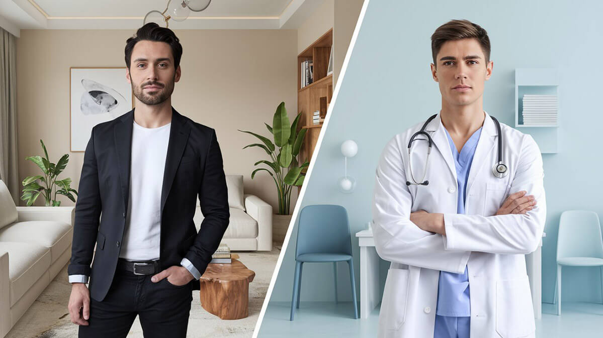 Designer de interior vs. Doctor – Două profesii, două lumi Comparație vizuală între un designer de interior și un doctor, fiecare în mediul său profesional.
