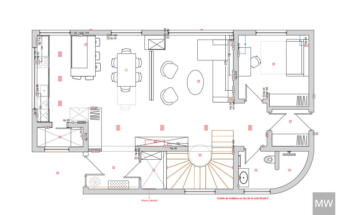 Plan arhitectural detaliat al unei locuințe – organizare funcțională a spațiului interior Plan arhitectural detaliat al unei locuințe rezidențiale, evidențiind camerele principale și dimensiunile acestora,