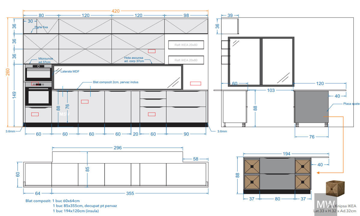 Layout de design detaliat pentru bucătărie – cu dimensiuni și specificații tehnice Plan arhitectural detaliat al unei bucătării moderne, cu dimensiuni verticale și orizontale marcate, incluzând dulapuri, blat, frigider și cuptor.