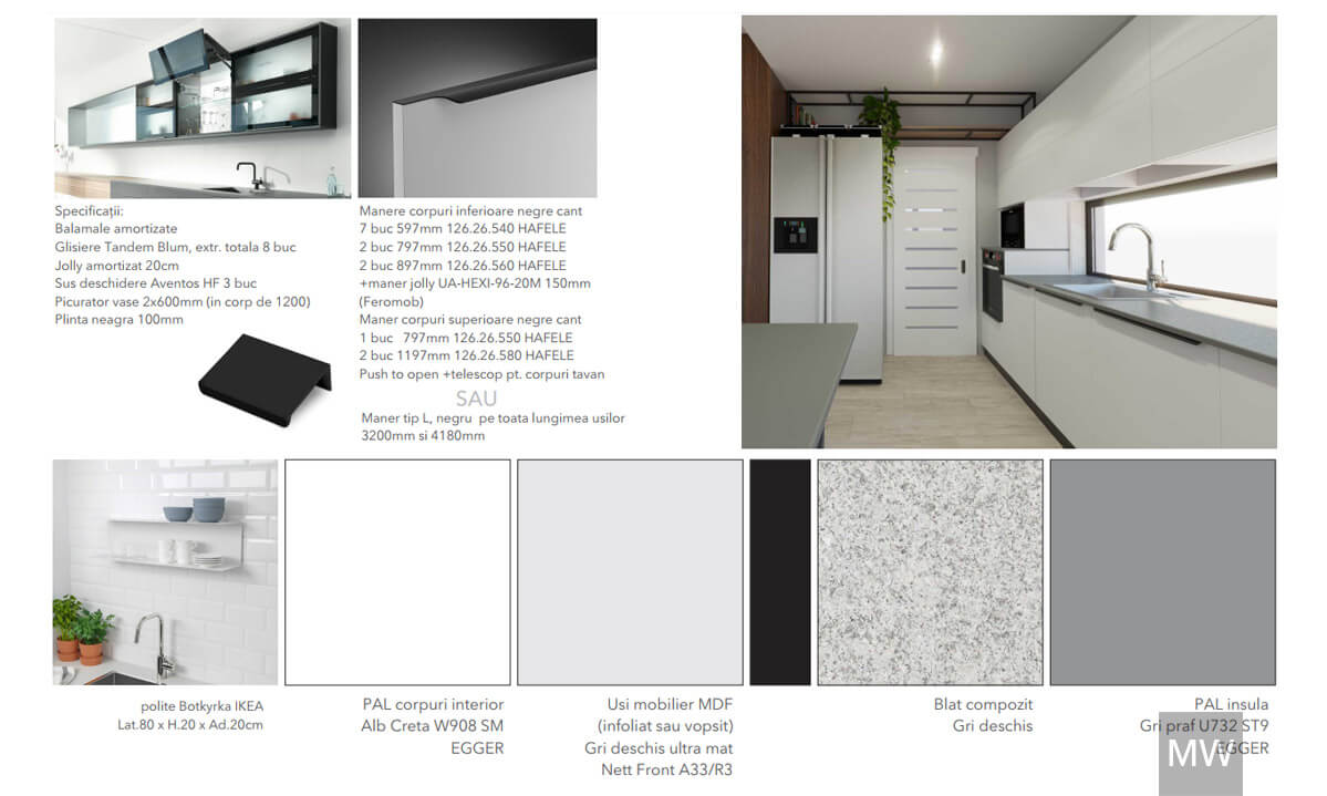 Design bucătărie modernă cu specificații tehnice și opțiuni de finisaje Design modern de bucătărie cu dulapuri albe, blat gri, cuptor încorporat și o listă detaliată cu specificații, materiale și prețuri.