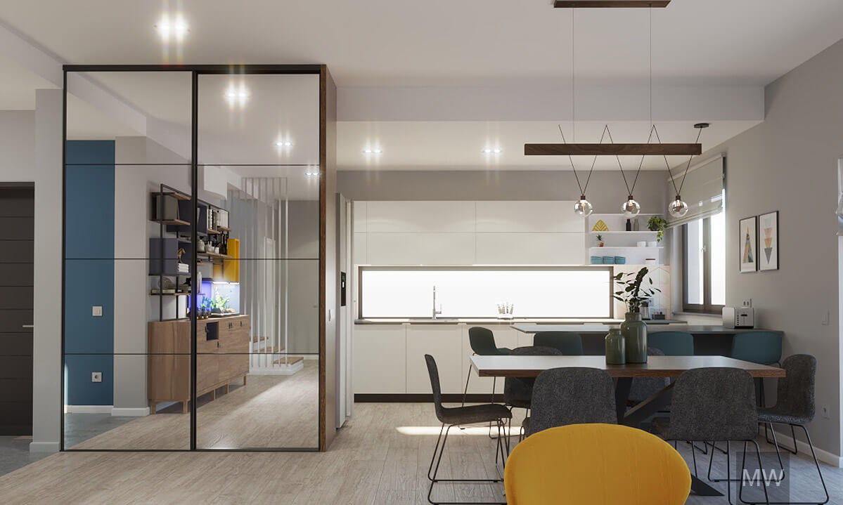 Design interior modern cu living și bucătărie open space Interior modern cu living și bucătărie open space, perete albastru, mobilier din lemn, bucătărie albă și zonă de luat masa cu masă închisă la culoare.