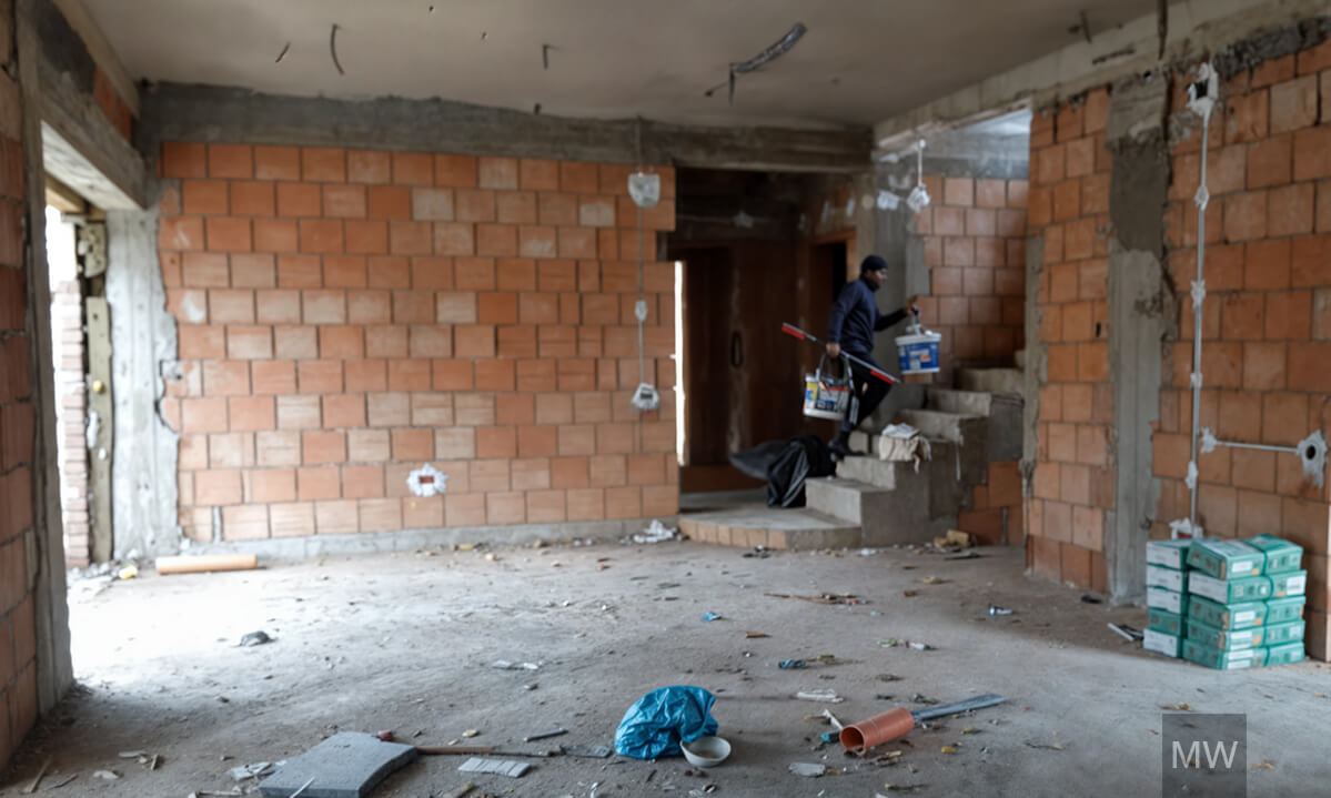 Spațiu în renovare cu pereți de cărămidă expusă și muncitor în acțiune Cameră neterminată cu pereți de cărămidă expusă, o persoană cu o găleată și unealtă, moloz pe podea și fire electrice atârnând.