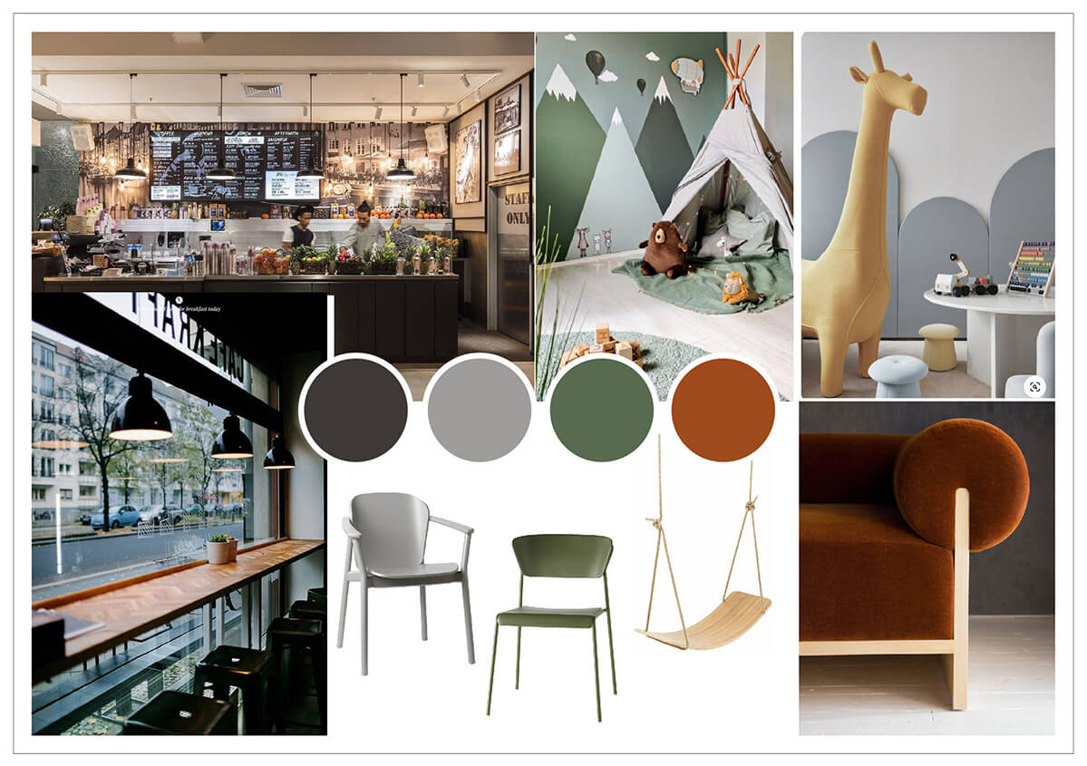 Colaj de inspirație: design cameră copii, cafenea modernă și living minimalist Colaj cu un café modern, o cameră de joacă pentru copii în stil teepee și un living minimalist cu lampă girafă galbenă.
