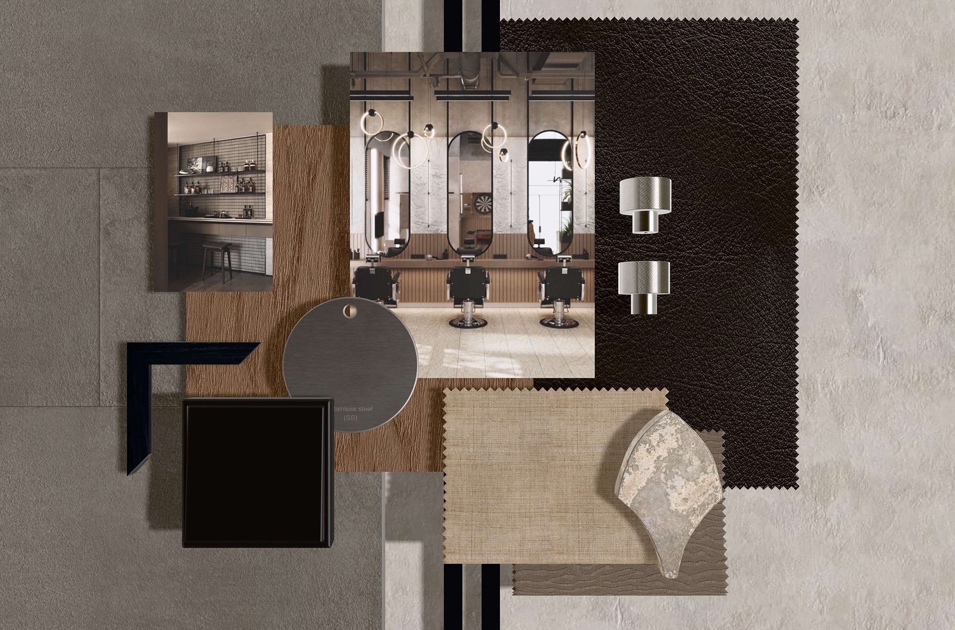 Modern Interior Mood Board with Mixed Textures and Materials Mood board featuring textures like leather, stainless steel, fabric, and wood, alongside a modern interior photo with seating and lighting elements.