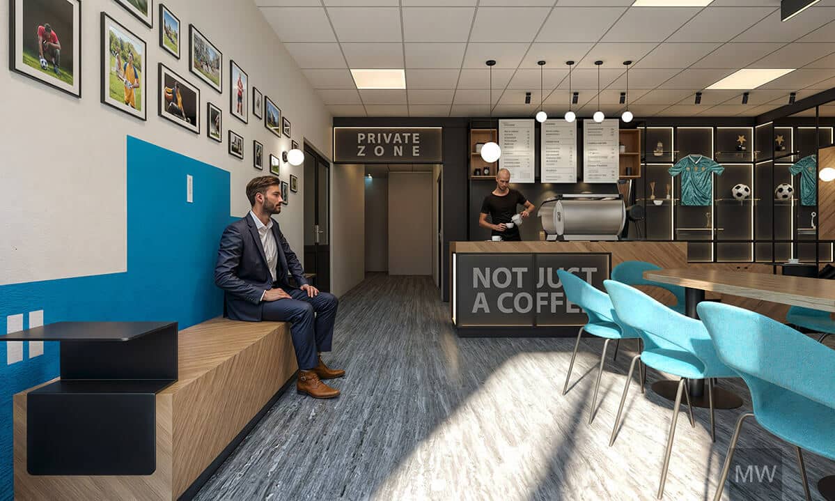 Cafenea modernă cu decor fotbalistic Interior modern de cafenea cu tematică fotbalistică, cu un bărbat pe o bancă și un barista la tejghea.