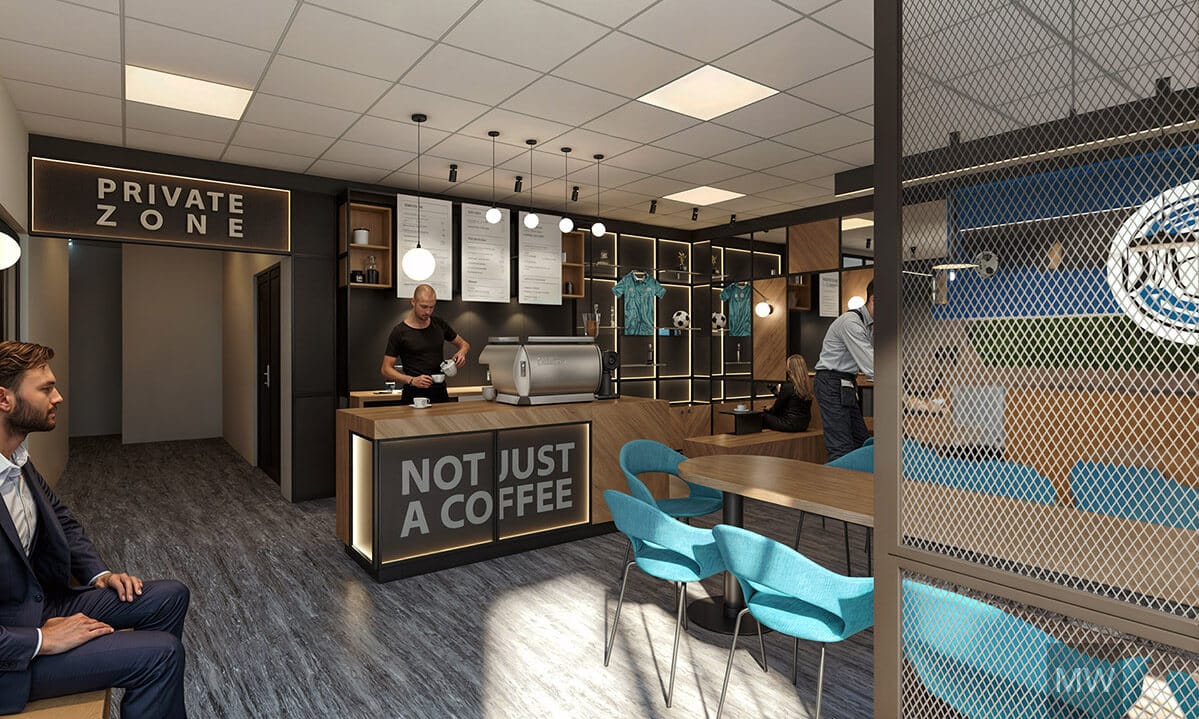 Cafenea cu design contemporan și zonă privată Cafenea modernă cu zonă privată și barista pregătind cafea la tejghea.