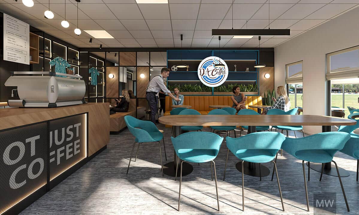 Cafenea DA Coffee – interior modern și primitor Interior luminos al cafenelei DA Coffee, cu tejghea mare și scaune turcoaz.