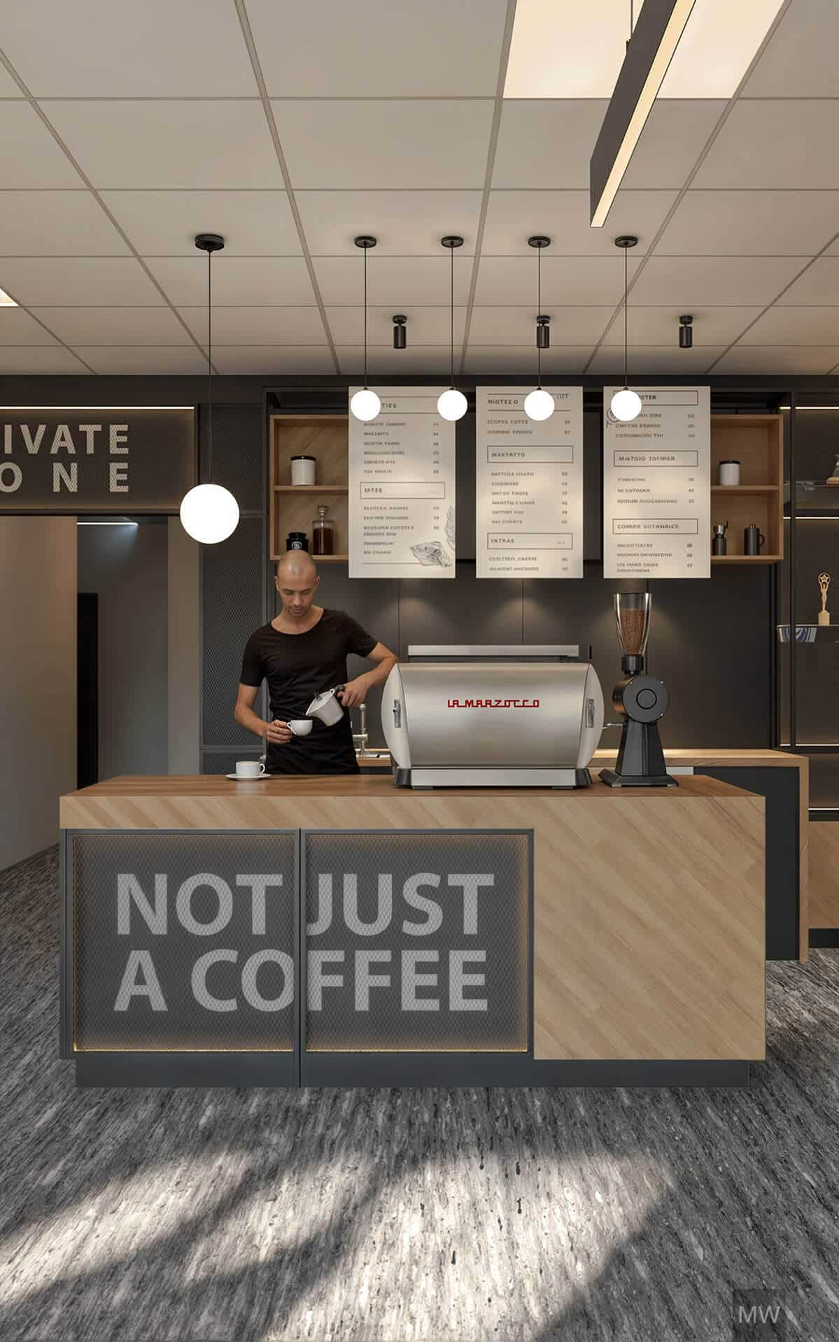 Tejghea modernă „Not Just a Coffee” în cafenea de specialitate Barista preparând cafea la un espressor La Marzocco într-o cafenea modernă.