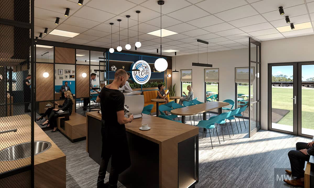 design-interior-cafenea-da-coffee-randare-3d Interior modern de cafenea cu tejghea din lemn, scaune turcoaz și ferestre mari ce inunda spațiul în lumină naturală – design interior cafenea realizat cu randare 3D.