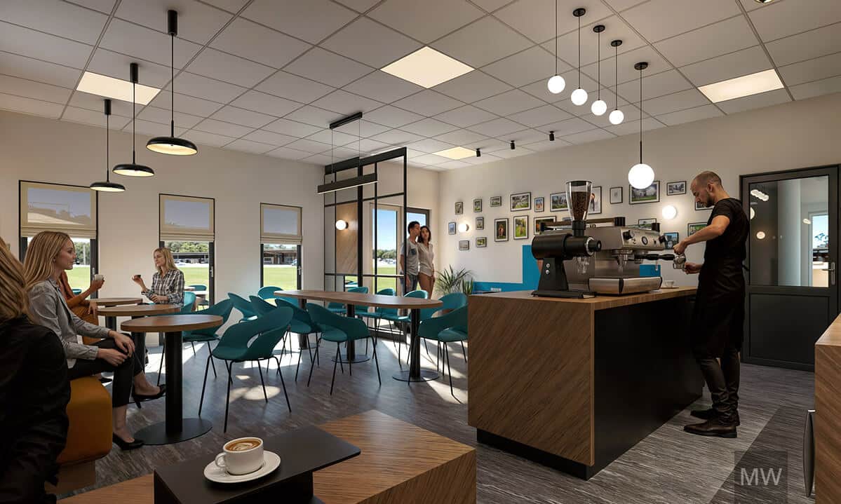cafenea-moderna-design-interior-minimalist Interior modern de cafenea în stil minimalist, cu pereți deschisi la culoare, tejghea din lemn și lumini atârnătoare. Clienți savurând băuturile, iar un barista pregătește o cafea specială – design interior cafenea contemporan.